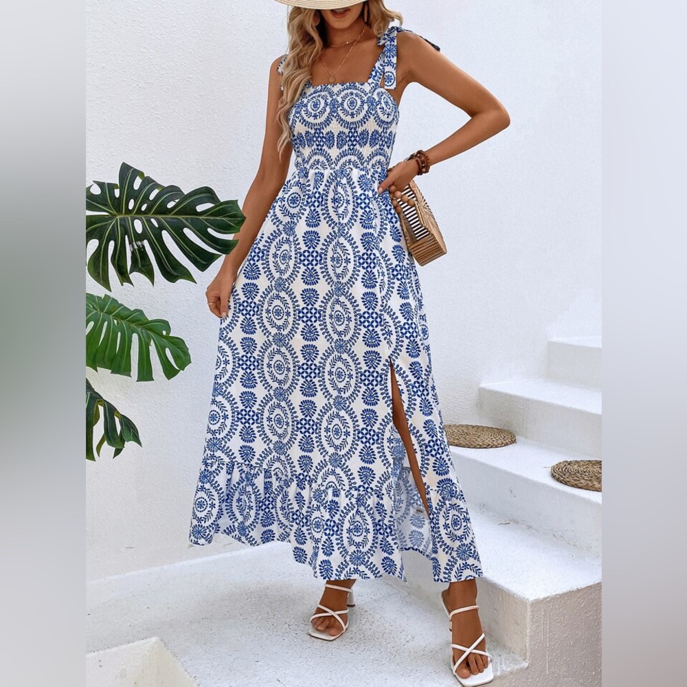 NWOT Boutique Boho Allover Print Knot Shoulder w/ Split Thigh Cami Maxi S